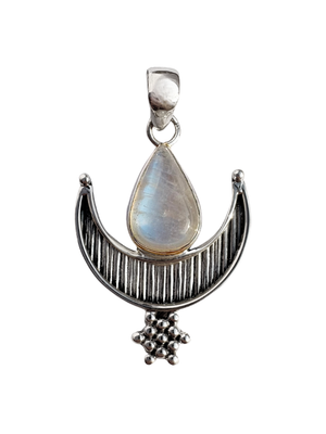 ciondolo in argento 925 con pietre natutrali, pietra di luna, simbolo luna. giunquilla gioielli per il sacro femminile. simbolismo femminile. pietra rainbow moonstone