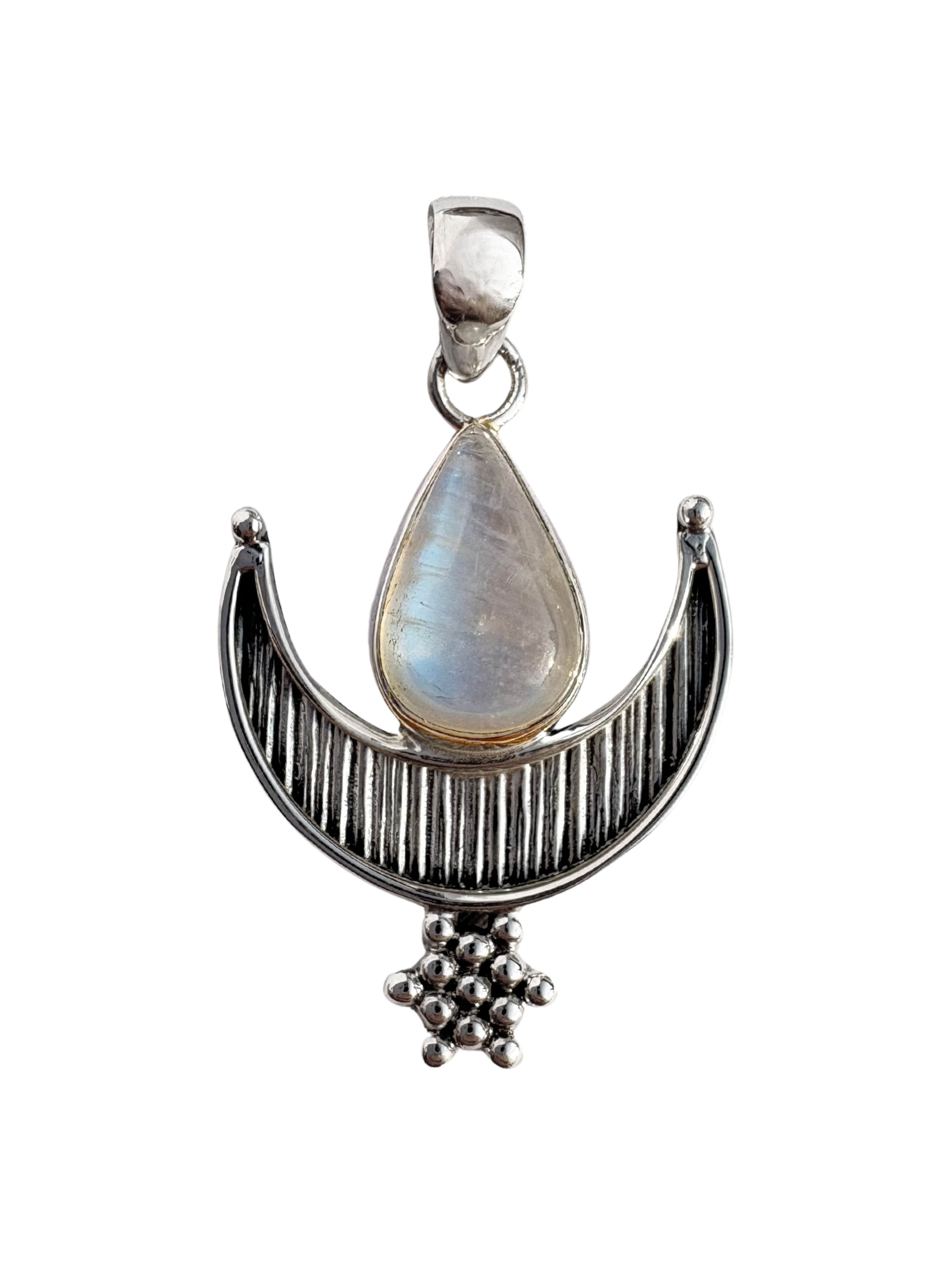 ciondolo in argento 925 con pietre natutrali, pietra di luna, simbolo luna. giunquilla gioielli per il sacro femminile. simbolismo femminile. pietra rainbow moonstone