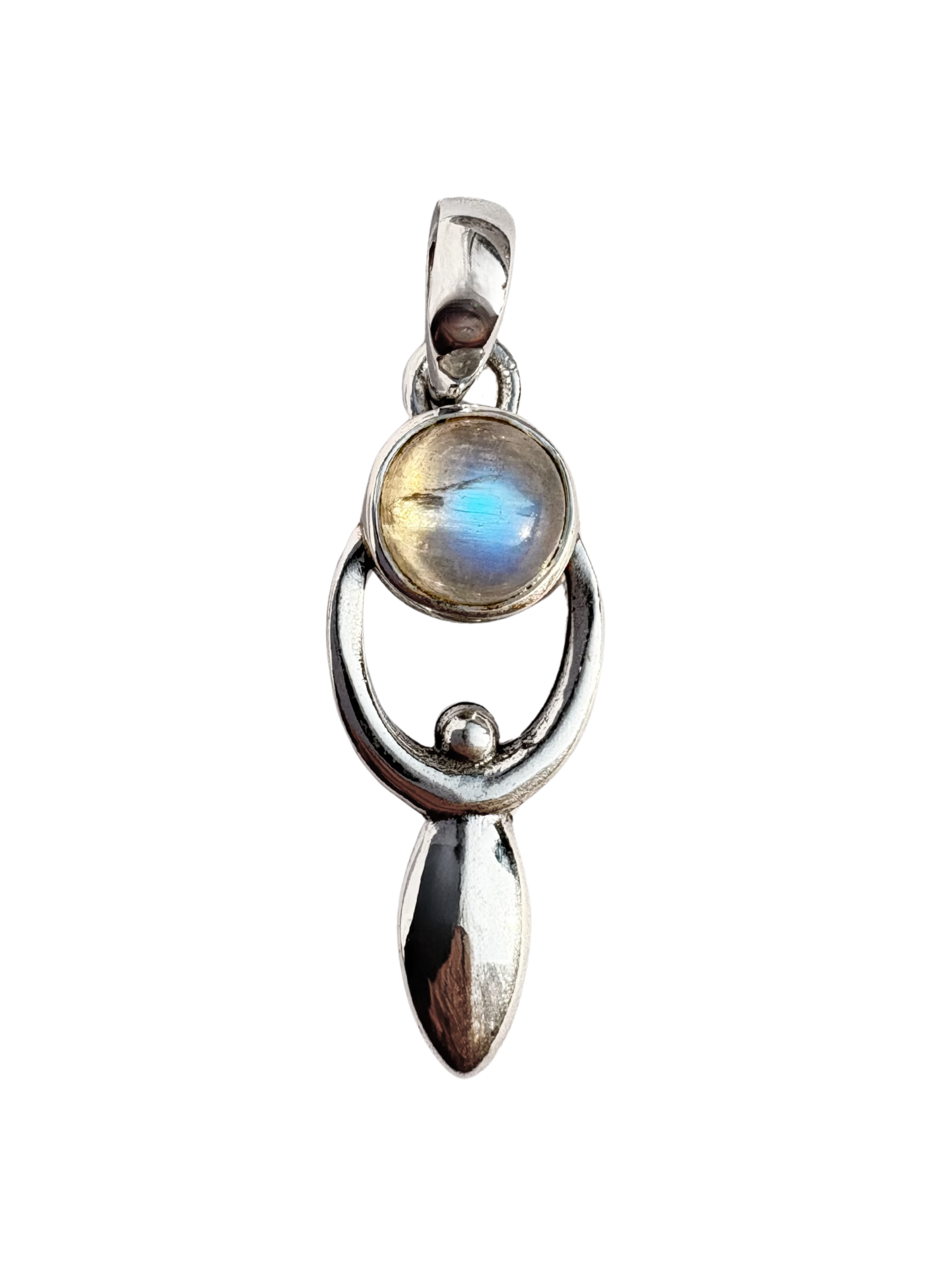 ciondolo in argento 925 con pietre natutrali, pietra di luna, simbolo dea madre. giunquilla gioielli per il sacro femminile. simbolismo femminile. pietra rainbow moonstone