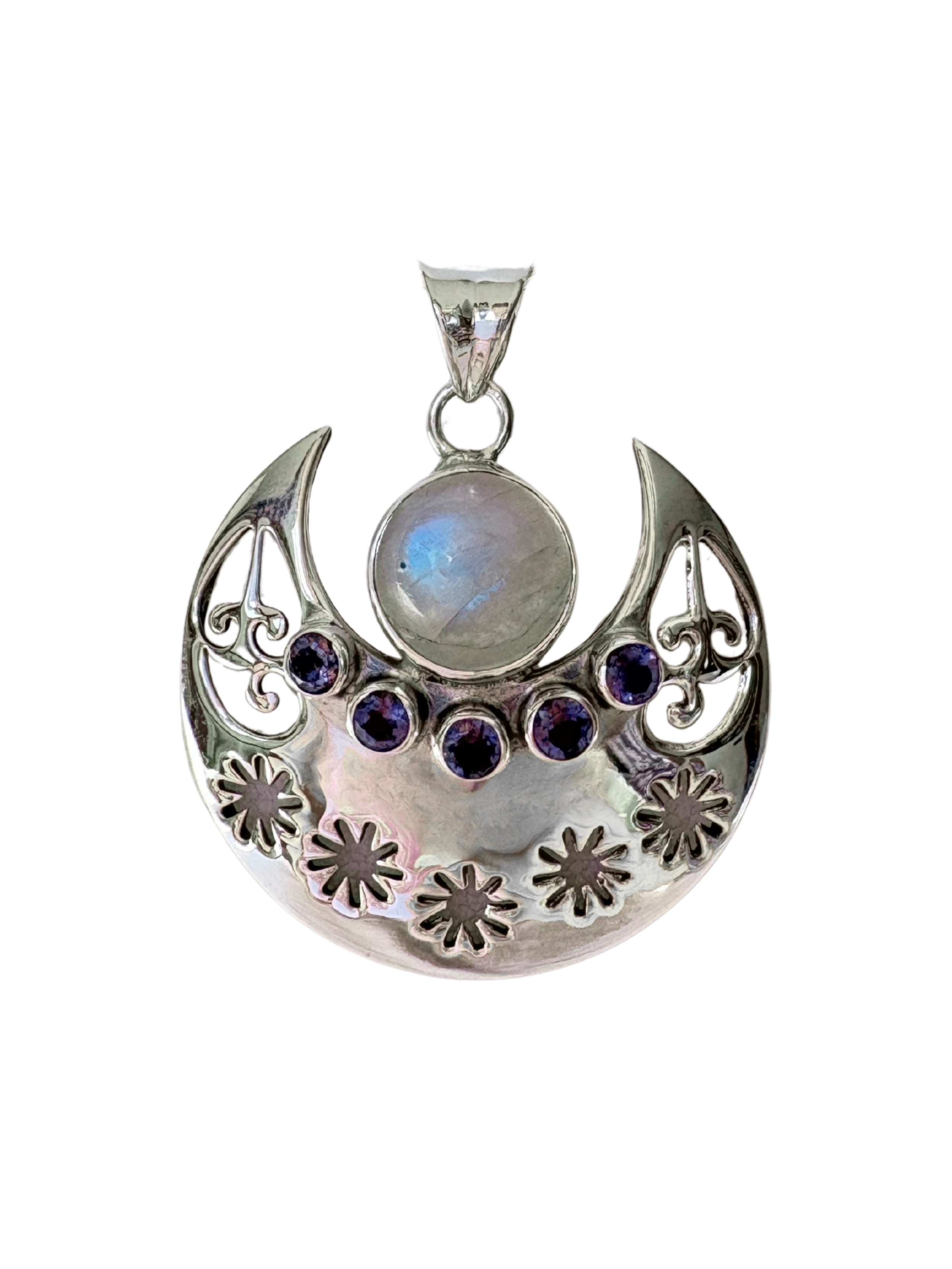 gioielli in argento 925 e pietre naturali. simbolo luna e pietra di luna arcobaleno. simbologia femminile. giunquilla, gioielli per il sacro femminile